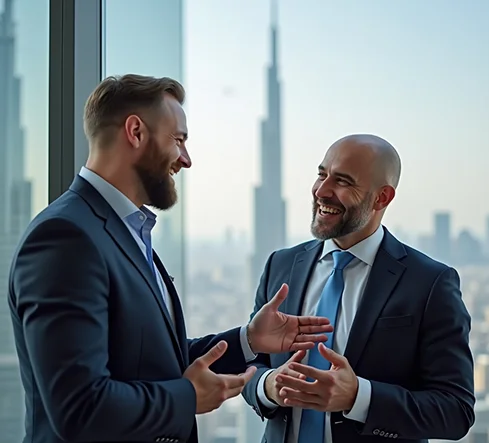 happy business man with suits talking sahking hands and smiling with burj khalifa view x2pn2mrsmi6x9yi5zrcv 2 1 - Launch Your Business in Dubai Ultimate Starter Package