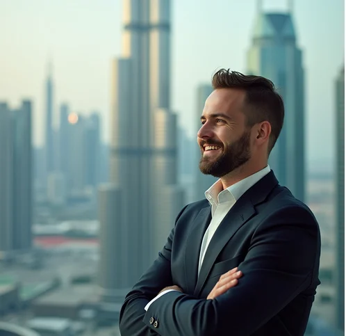 business man looking to the left and talking and smiling with burj khalifa dubai view 7kcchsysvl1xehk0hy8d 1 1 - Business Setup in Dubai Mainland